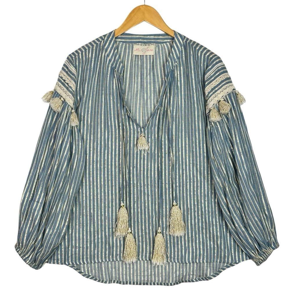 Miss June Paris Blue Gold Stripe Tassel Peasant Blouse One Size Boho Metallic‎